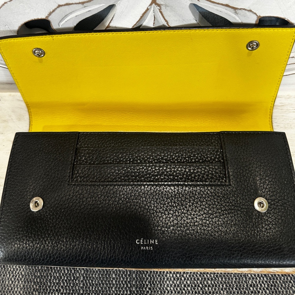 Celine Black Leather Flap Long Wallet Yellow Interior w COA - Picture 3 of 6